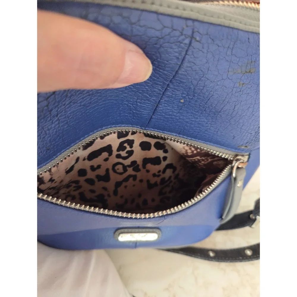 Sharif Crossbody Bag Medium Blue Embroidered Parrot Floral Tassel Leather